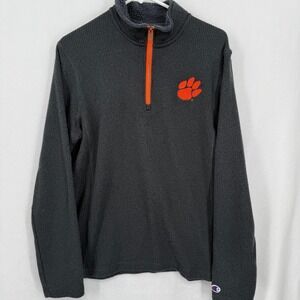 Champion Clemson Tigers Mens Medium Quarter Zip Pullover Ribbed Grey Orange Logo